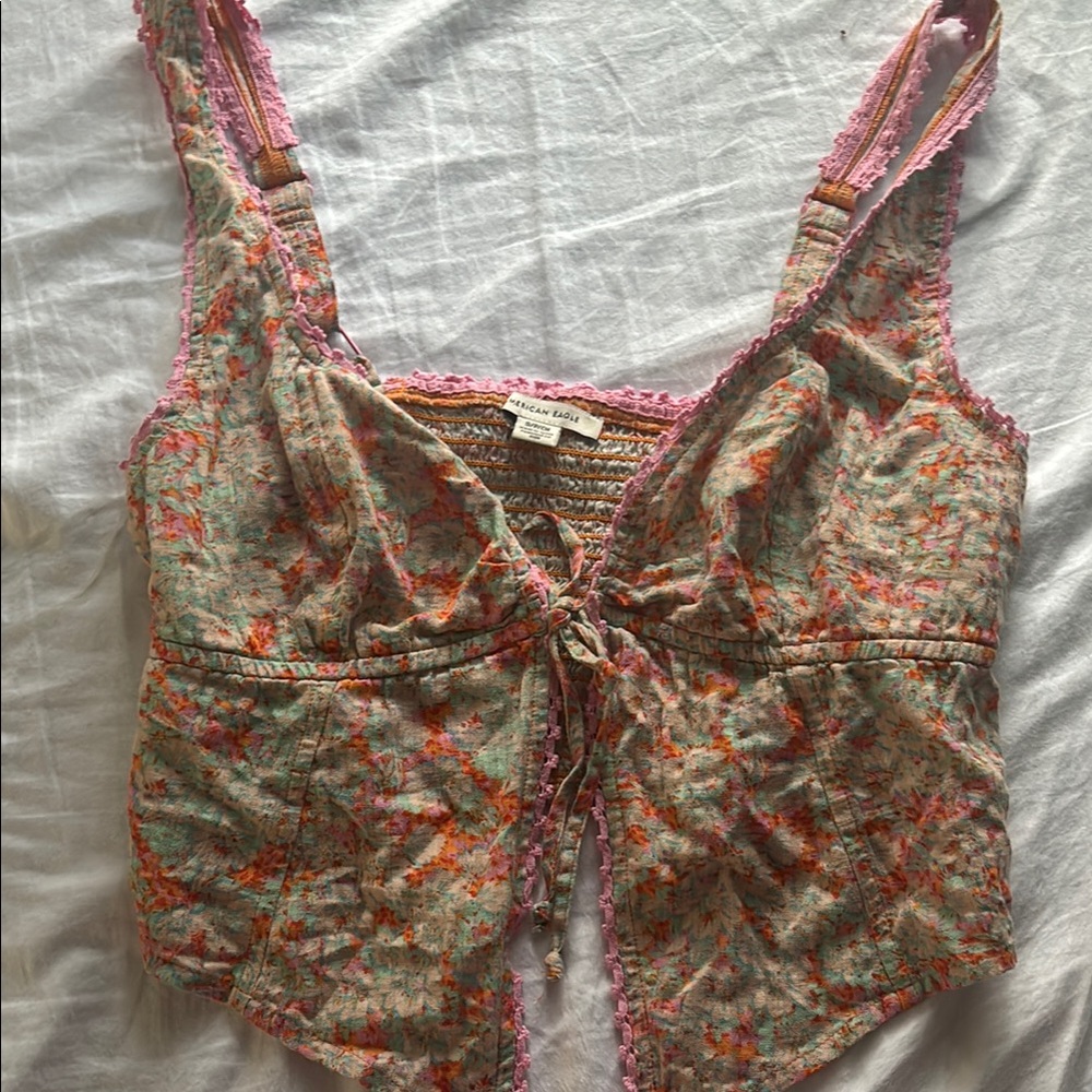 American eagle floral front tie top